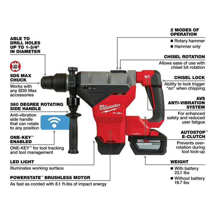 Milwaukee Tool Tools Milwaukee M18 FUEL™ 1-3/4 in. SDS Max Rotary Hammer with One Key™ Two HD12.0 Battery Kit