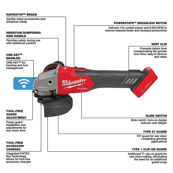 Milwaukee Tool Tools Milwaukee M18 FUEL™ 4-1/2" / 5" Braking Grinder w/ ONE-KEY™ Slide Switch, Lock-On