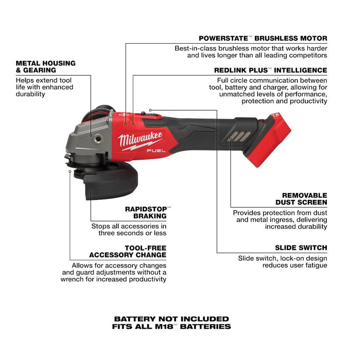 Milwaukee Tool Tools Milwaukee M18 FUEL™ 4-1/2" / 5" Variable Speed Braking Grinder, Slide Switch Lock-On