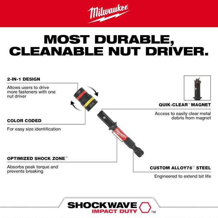 Milwaukee Tool Milwaukee SHOCKWAVE Impact Duty™ 1/4” and 5/16” x 2-1/4” QUIK-CLEAR™ 2-in-1 Magnetic Nut Driver