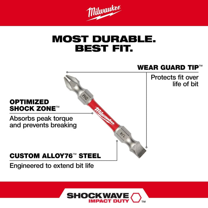 Milwaukee Tool Power Tools Accessories Milwaukee SHOCKWAVE Impact Duty™ PH2/SQ2/T25 Double Ended Bits 3PC