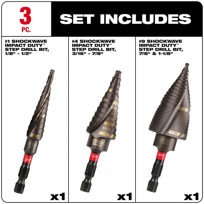 Milwaukee Tool Milwaukee SHOCKWAVE™ Impact Duty™ Step Bit Electrician Set (#1, #4, #9)