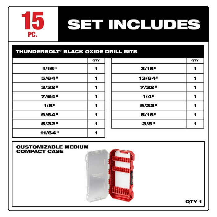 Milwaukee Tool Power Tools Accessories Milwaukee THUNDERBOLT® Black Oxide Drill Bit Set – 15PC