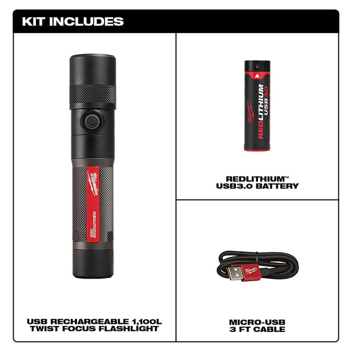 Milwaukee Tool Tools Milwaukee USB Rechargeable 1100L Twist Focus Flashlight