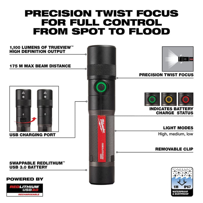 Milwaukee Tool Tools Milwaukee USB Rechargeable 1100L Twist Focus Flashlight